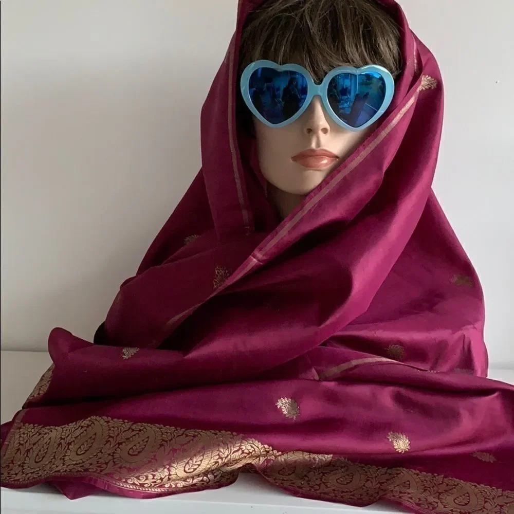 India gold embroidered purple silk shawl scarf
